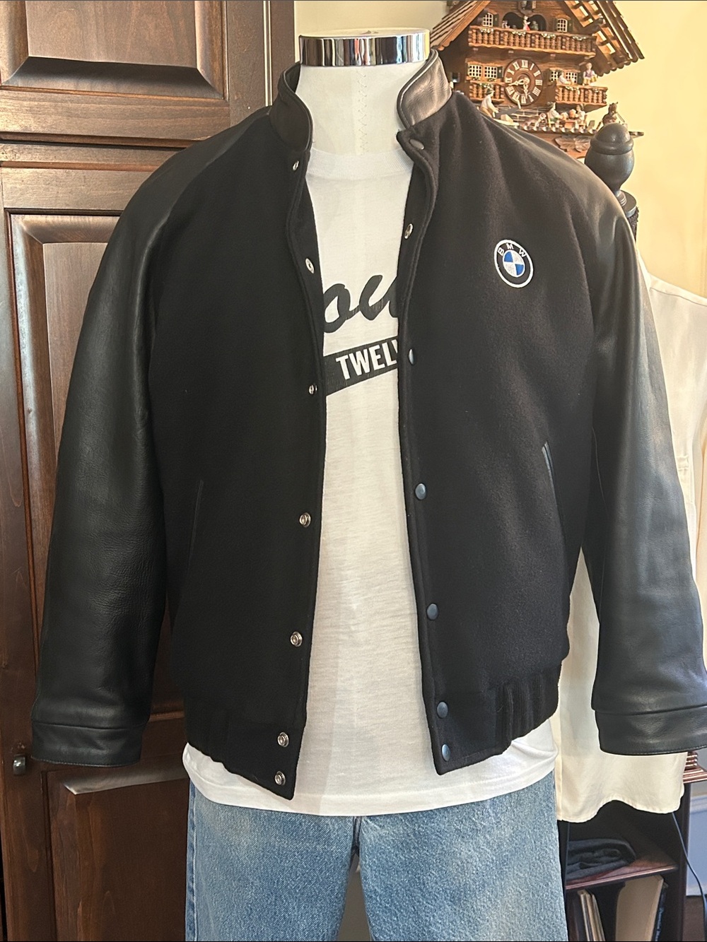 BMW Western Concepts Sz M Black Wool and Leather Varsity Jacket with BMW Roundel